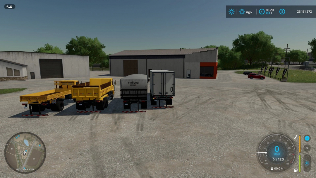 FS22 Mercedes 1720 mod displaying various truck trailers in a game setting.