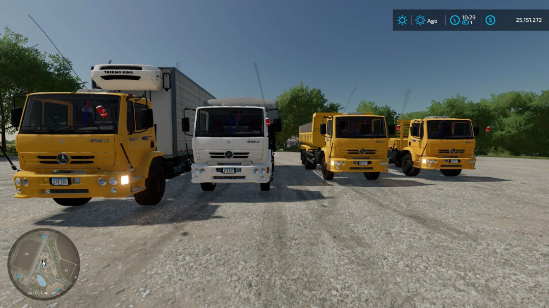 FS22 mods showcase Mercedes 1720 v1.0.0.0 trucks in yellow and white, highlighting variety in Farming Simulator 22.