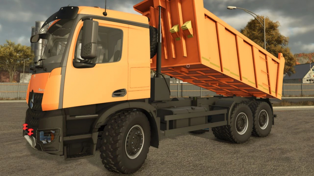 Mercedes Arocs truck mod for FS25, featuring an orange dump bed, showcased in Farming Simulator 25.