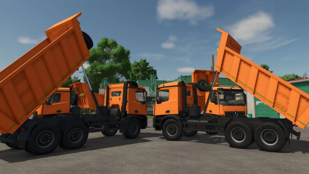 Three orange Mercedes Arocs trucks with raised dump beds in FS25 mod.