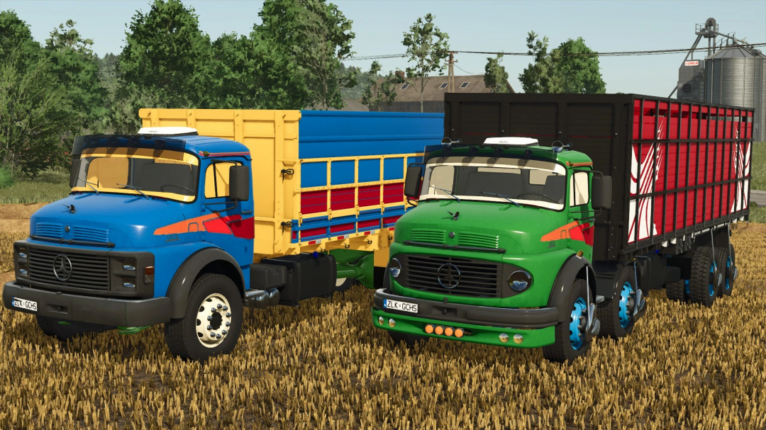 Mercedes Benz 1313 mod for Farming Simulator 25 showcasing two colorful trucks in a field.