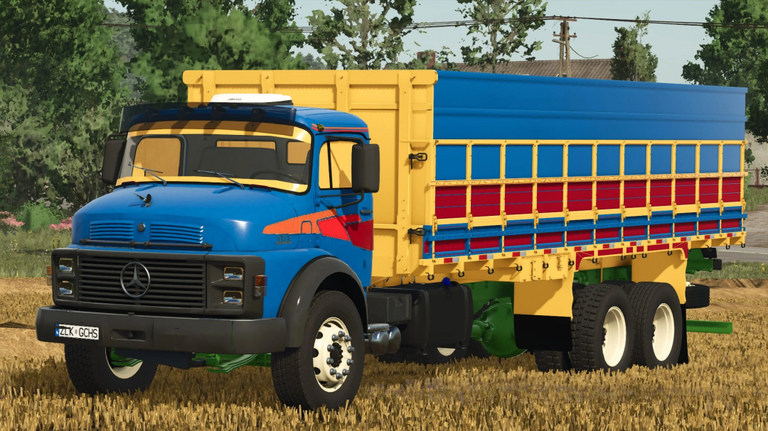 Mercedes Benz 1313 truck mod in FS25, featuring a blue cab and colorful trailer in a farming scene.