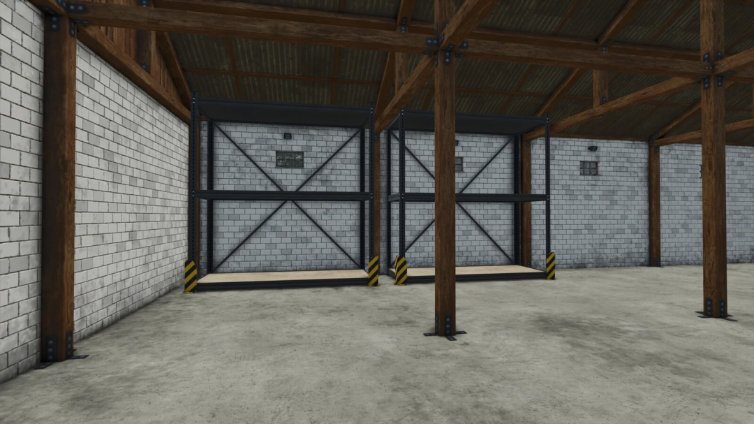 Metal Shelf v1.0.0.0 mod for Farming Simulator 25, featuring a sturdy warehouse rack in a brick-walled storage space.