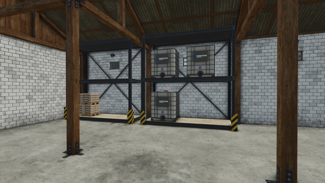 FS25 Metal Shelf mod v1.0.0.0 in a warehouse, featuring storage tanks and pallets.