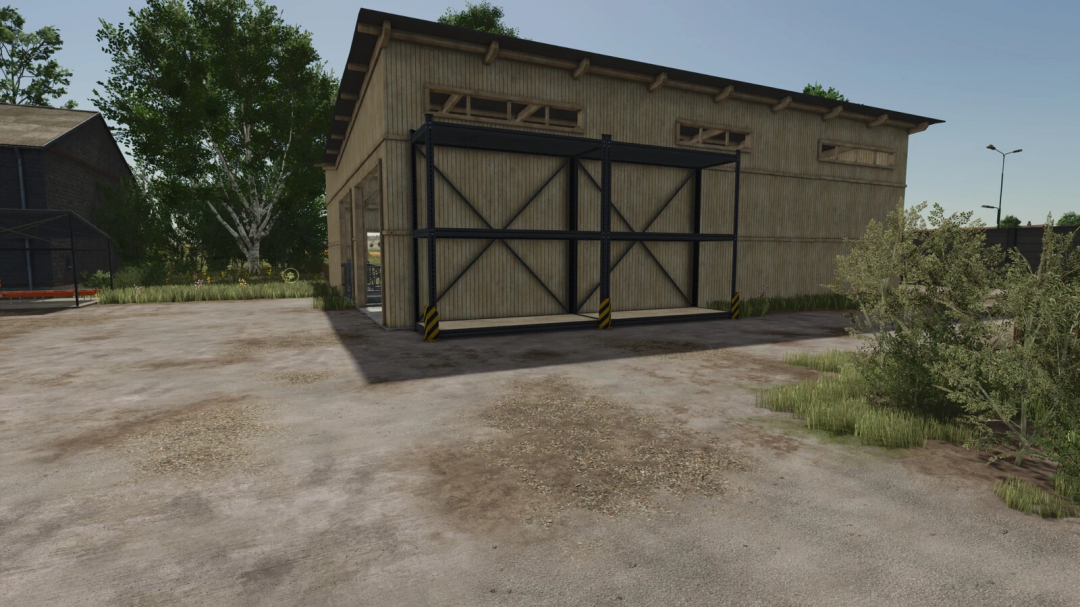 FS25 Metal Shelf mod v1.0.0.0 featuring a large outdoor storage unit beside a wooden barn structure.