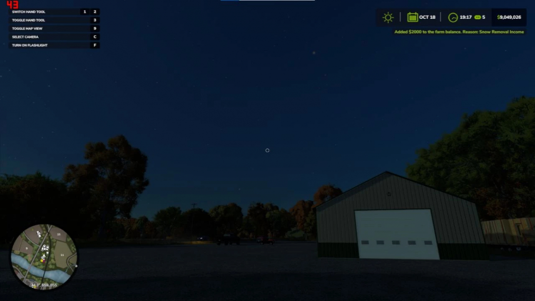 FS25 mods showcase nighttime farm scene with Money Manager v1.0.0.0 interface showing income addition.