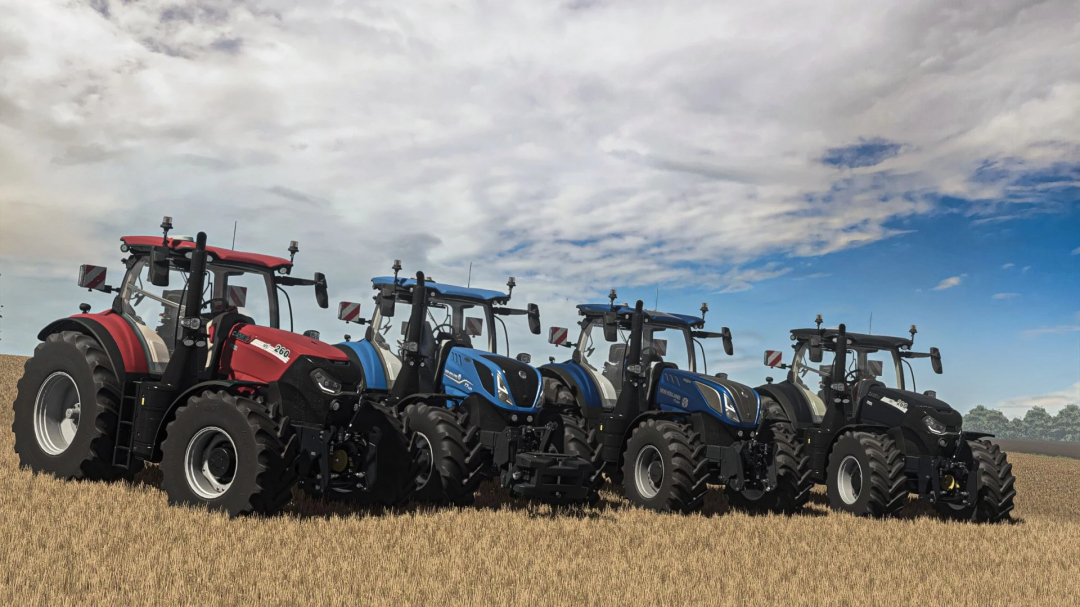 Lineup of New Holland and Case IH tractors from FS25 mods in a field.