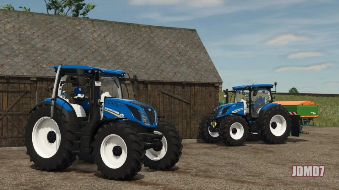 Two New Holland T5 tractors parked beside a barn in FS25 mod. Featured in the Farming Simulator 25 mods.