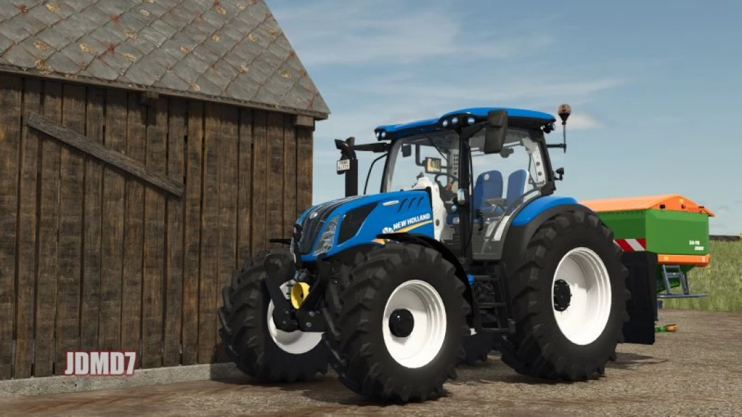 New Holland T5 AC/DC tractor mod in FS25 beside barn, showcasing realistic design.