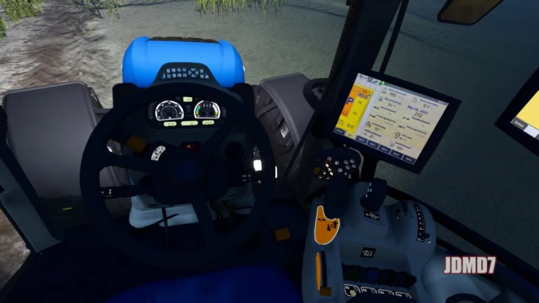 Interior view of New Holland T5 AC/DC tractor in FS25, showcasing controls and dashboard. Farming Simulator 25 mods.