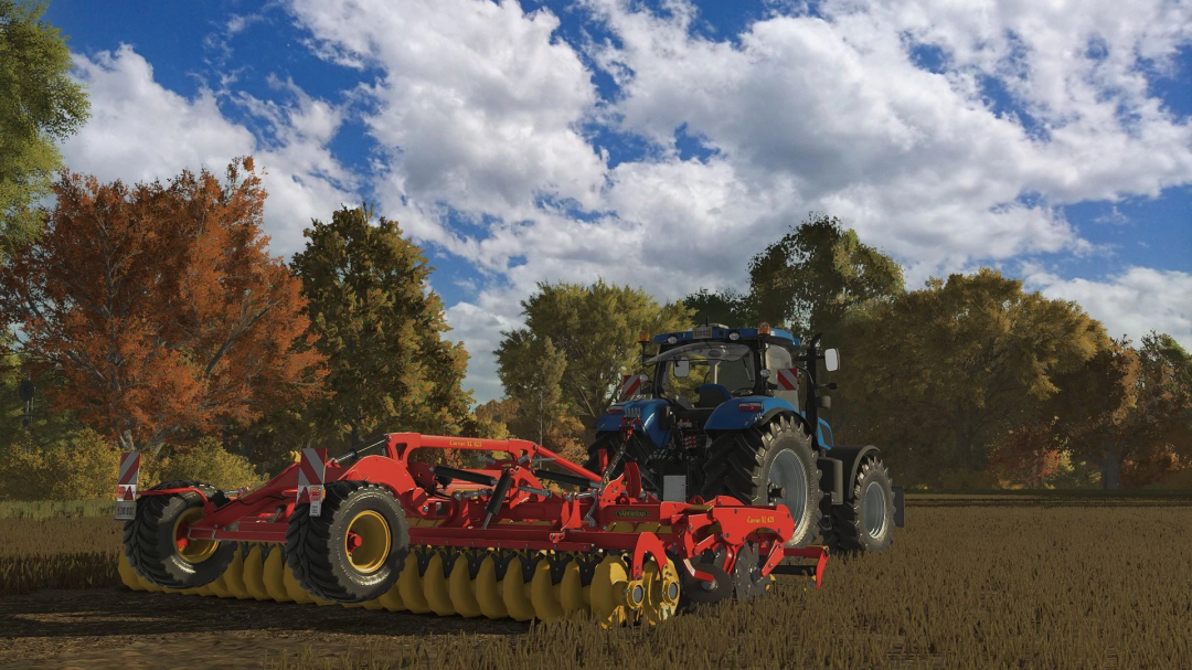 New Holland T7 Series tractor in FS25 with Carre XL 450 attachment in a scenic field.