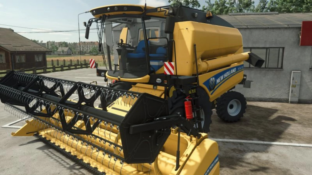 New Holland TC5 Series harvester mod for Farming Simulator 25, showcasing detailed machinery parked on a farm.