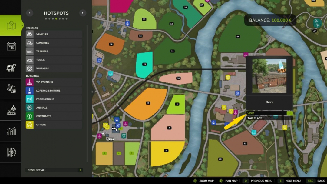 FS25 No Teleport v1.0.0.0 mod shows in-game map with fields and hotspots menu.