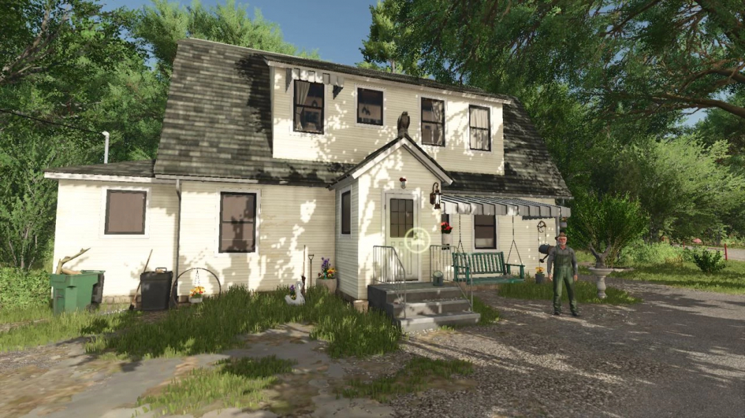 Farmhouse exterior in FS25 No Teleport mod, depicting a light-colored siding house amid lush greenery and a figure standing outside.