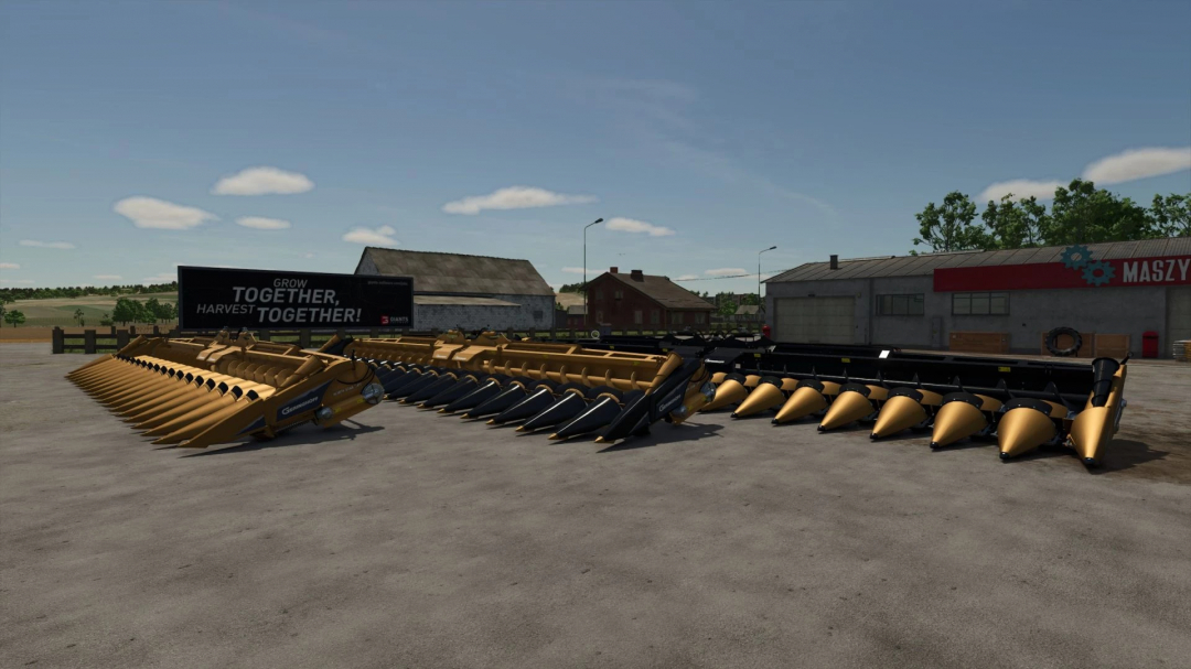 NorthStar 1830 Gold Edition v1.0.0.0 mod for FS25, showcasing gold and black harvesters parked on a farm.