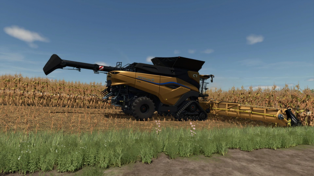 FS25 NorthStar 1830 Gold Edition harvester mod in a cornfield.