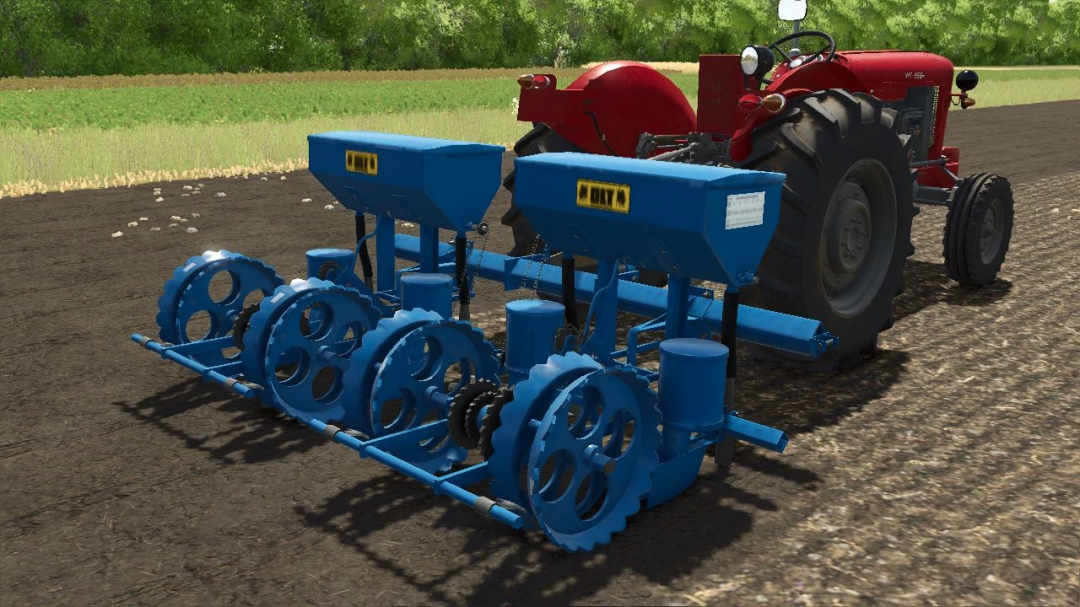 OLT PSK 4 v1.0.0.0 mod for Farming Simulator 25 showing a blue seeder attached to a red tractor.