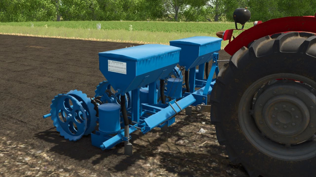 OLT PSK 4 v1.0.0.0 mod in FS25, showing a blue agricultural implement attached to a red tractor on a farm field.