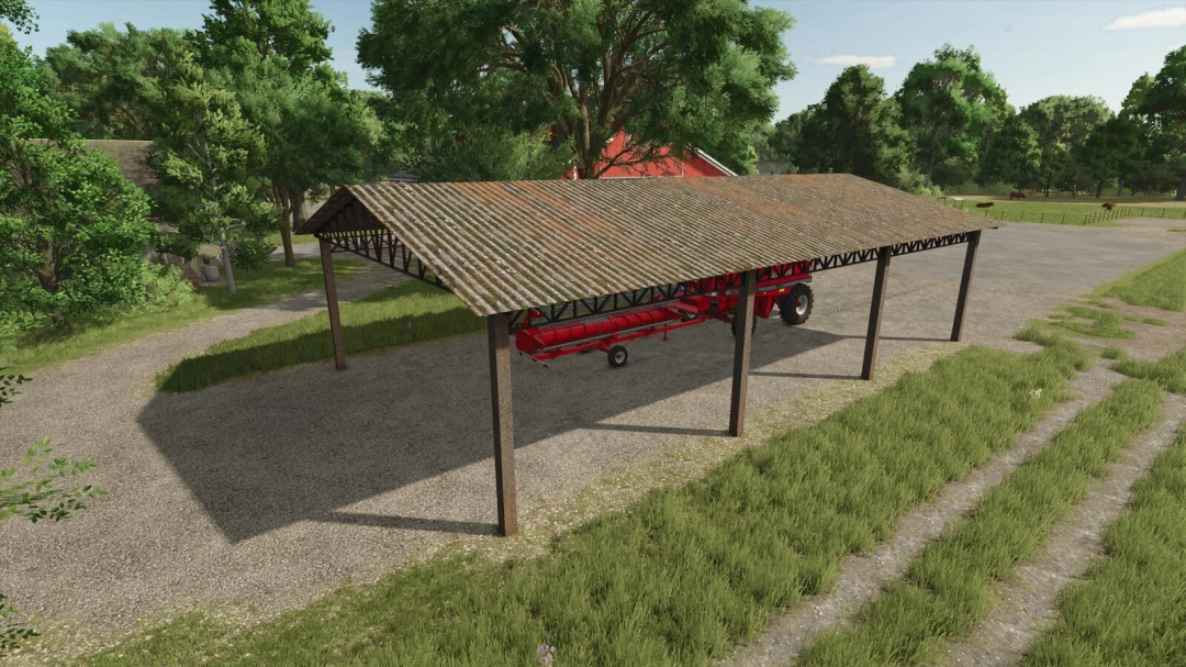 Old Brazilian Shed mod for FS25 in a rural landscape with a red farming vehicle underneath.