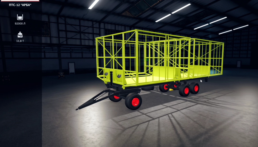 FS25 mod PTS 12 ARBA v1.0.0.2 showcasing a large lime green trailer with red wheels in a warehouse.