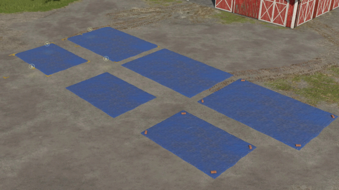 FS25 mods Pack Tarpaulin v1.0.0.0 showing six blue tarpaulins on a farmyard surface.