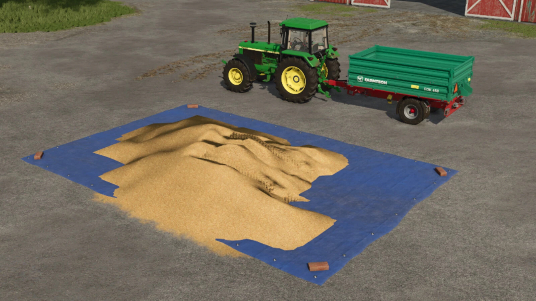 FS25 Pack Tarpaulin v1.0.0.0 mod showing a tractor with trailer next to a pile of grain on a blue tarp.