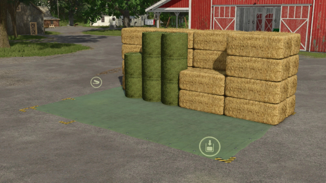 FS25 mods Pack Tarpaulin v1.0.0.0 showing bales on a tarpaulin in front of a barn.