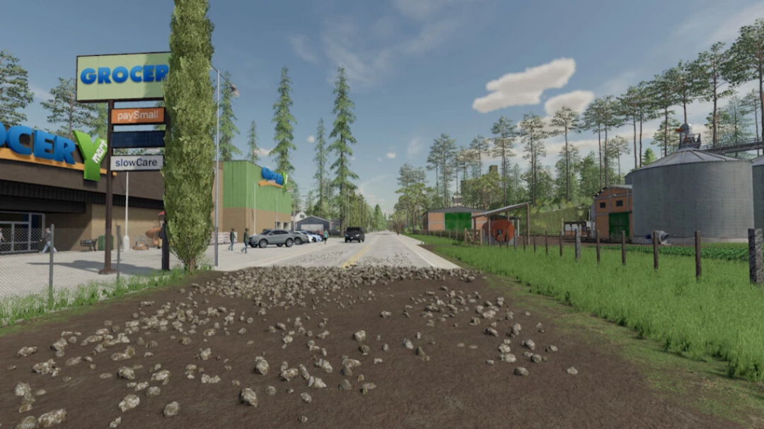 FS22 Pertile Map mod features a rural landscape with a grocery store, parking lot, and farm buildings.