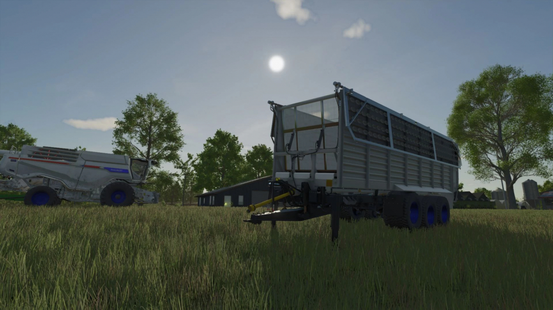 Philibert T56P trailer in a sunny field, FS25 mod showcasing realistic farming equipment.