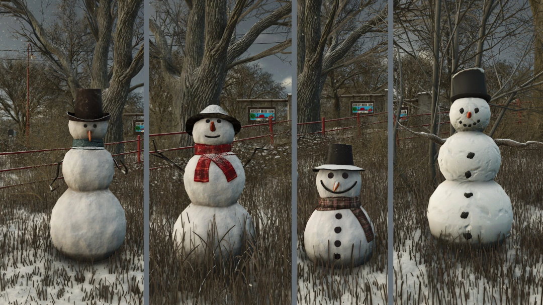 Four snowmen in a snowy field, part of the Placeable Snowmen mod for FS25, enhancing Farming Simulator 25 with festive decor.