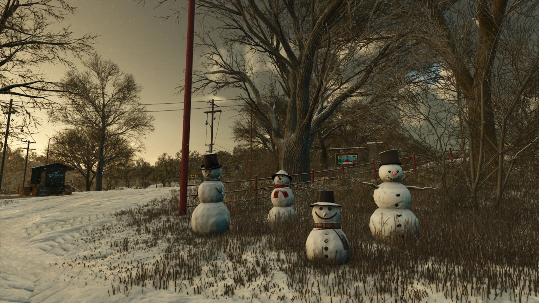 Winter scene in FS25 with four placeable snowmen mod, wearing hats and scarves, amidst snow-covered landscape.