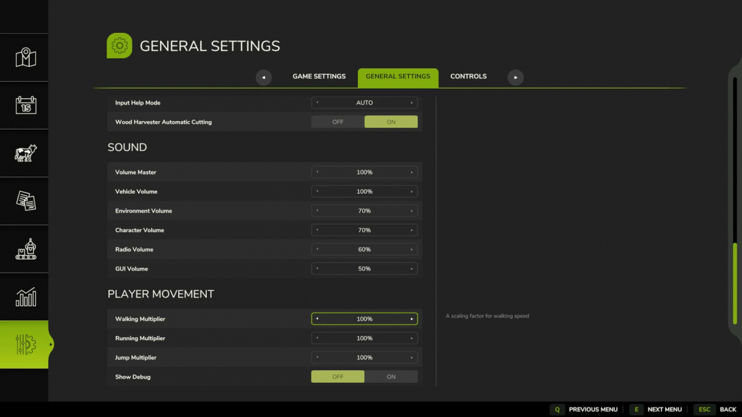 Farming Simulator 25 general settings screen showing player movement and sound options.