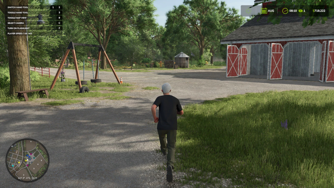 FS25 Player Movement mod showing a character running towards a barn with a swing set nearby, highlighting interactive gameplay.