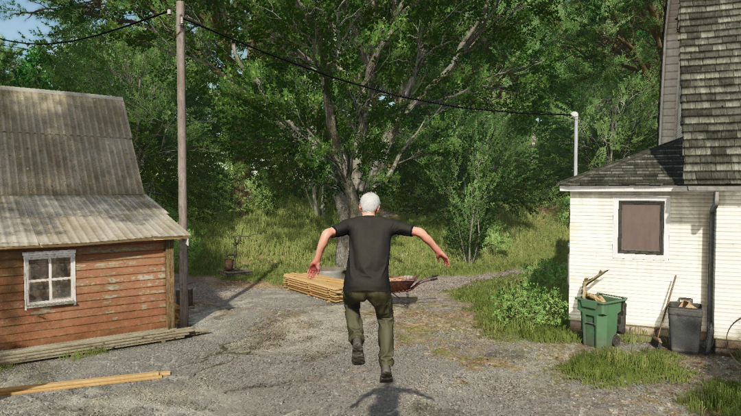 FS25 mod Player Movement v1.0.0.0 shows a character jumping in a detailed rural setting with trees and houses.