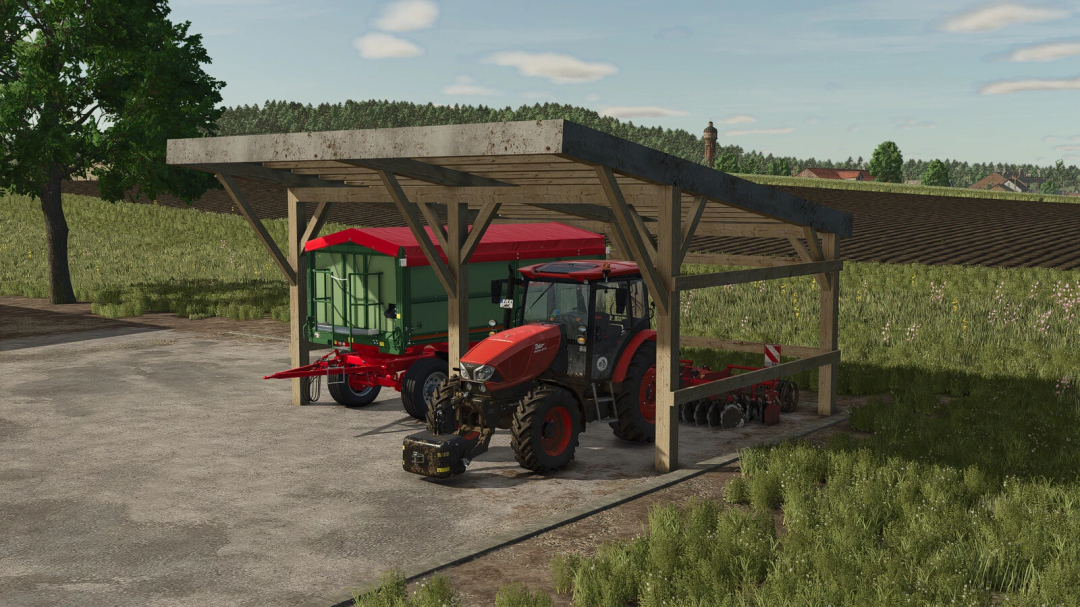 FS25 mod Polish Wooden Shed v1.0.0.0 with tractor and trailer in a field setting.