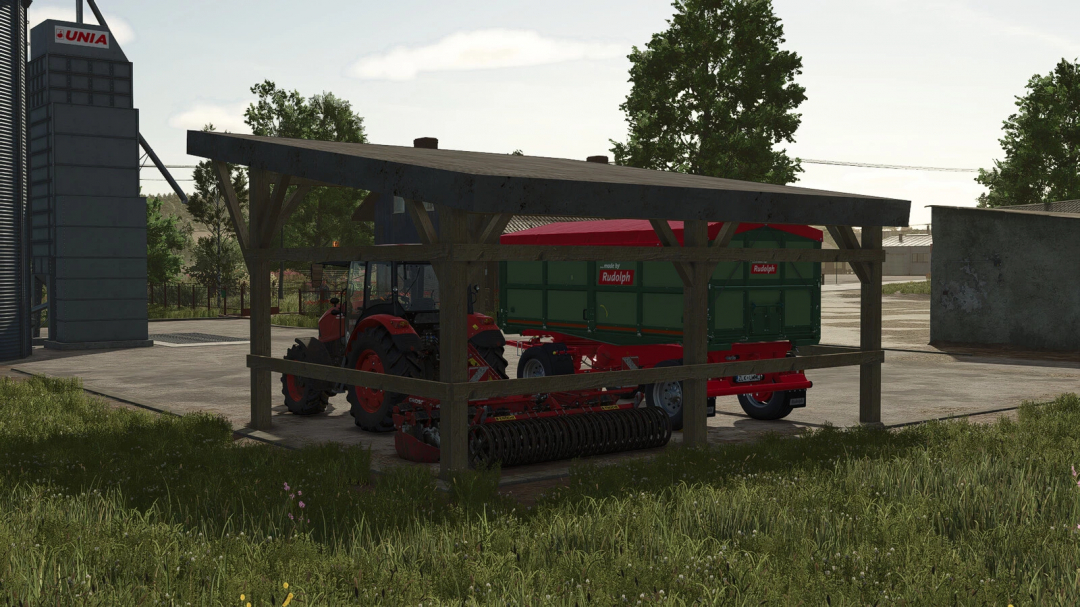 FS25 mod Polish Wooden Shed with tractor and trailer parked underneath.