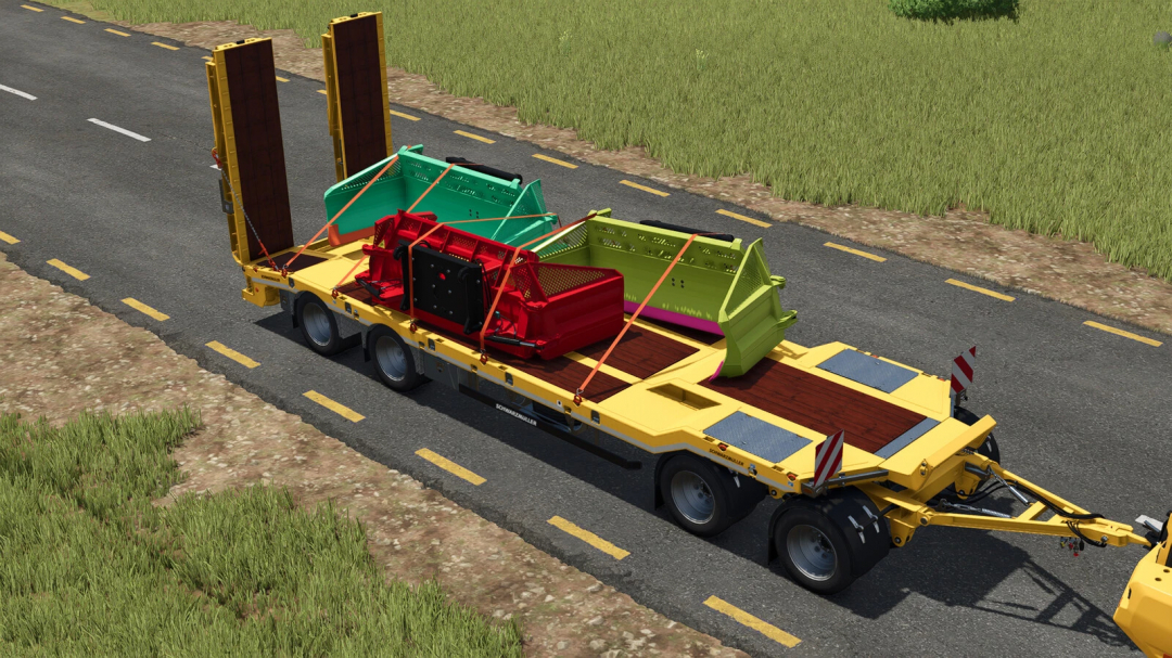 FS25 mod Prinoth Wheel Loader Leveler v1.0.0.0 on a yellow trailer, displayed on a road.