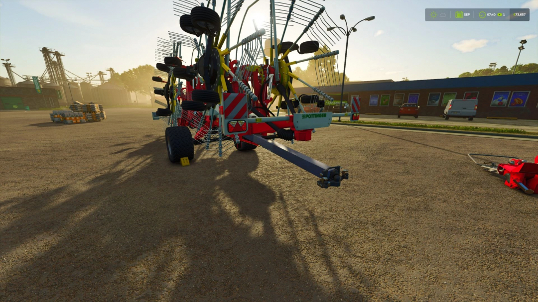 Pöttinger Top 1403 C with Attach mod in FS25, showcasing detailed farming equipment in a realistic setting.