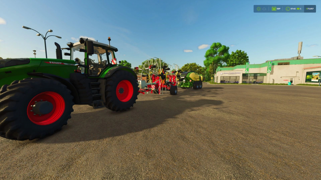 FS25 mod: Pöttinger Top 1403 C with attach v1.0.0.0 in Farming Simulator 25, featuring a green tractor and machinery on a sunny day.