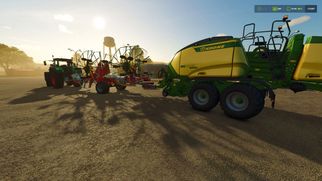 FS25 mod Pöttinger Top 1403 C With Attach v1.0.0.0, featuring a tractor and baler in a sunlit farm setting.