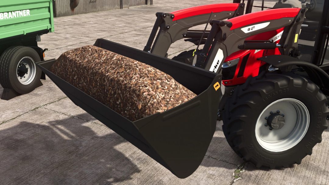 FS25 Quicke HDV 240 mod showing a tractor loader carrying a full scoop of wood chips.