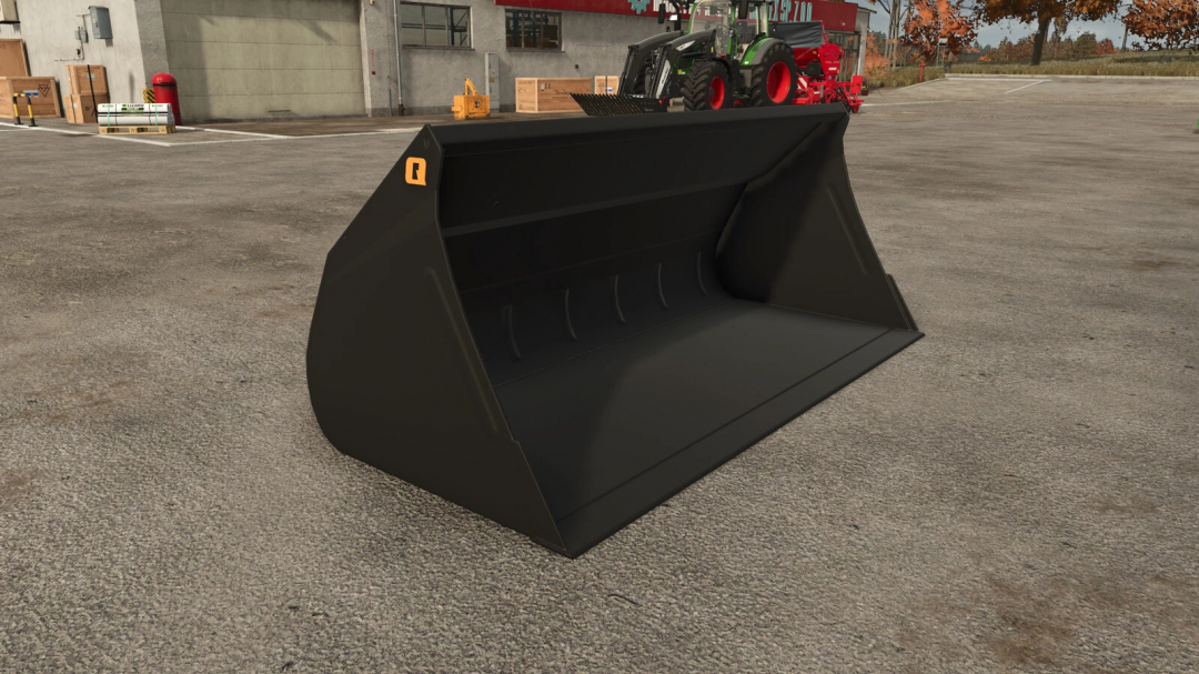 Quicke HDV 240 v1.0.0.0 mod for Farming Simulator 25, showing a black attachment bucket in a farm setting.