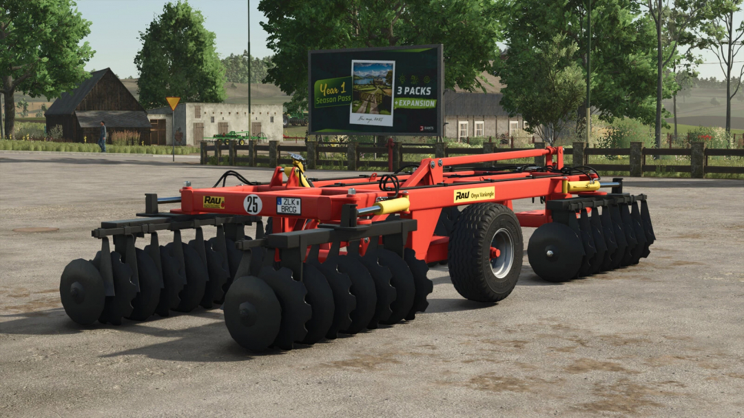 FS25 mod RAU ONYX v1.0.0.0, a red agricultural plow with disc blades, displayed in Farming Simulator 25.