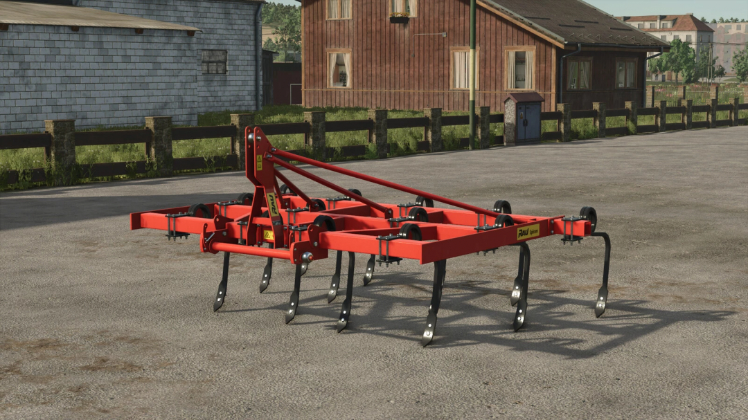 RAU SPIRAM 3M mod for FS25, showing a red cultivator with multiple tines, set in a farm environment.