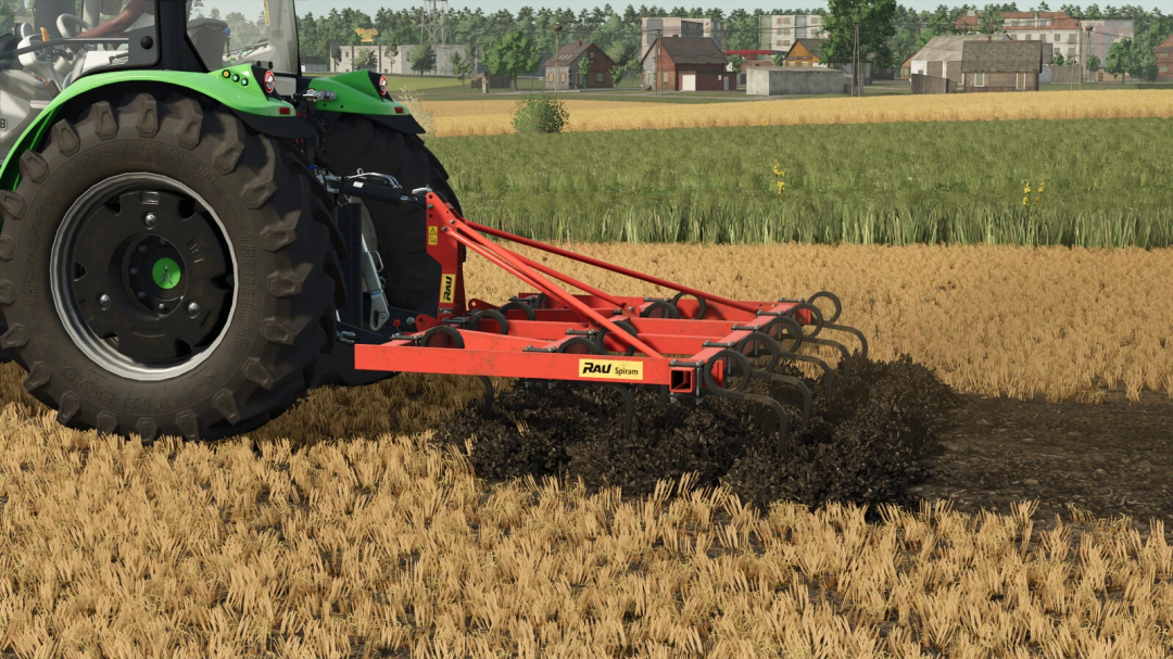 RAU SPIRAM 3M mod in FS25, cultivating a field with a tractor attachment.