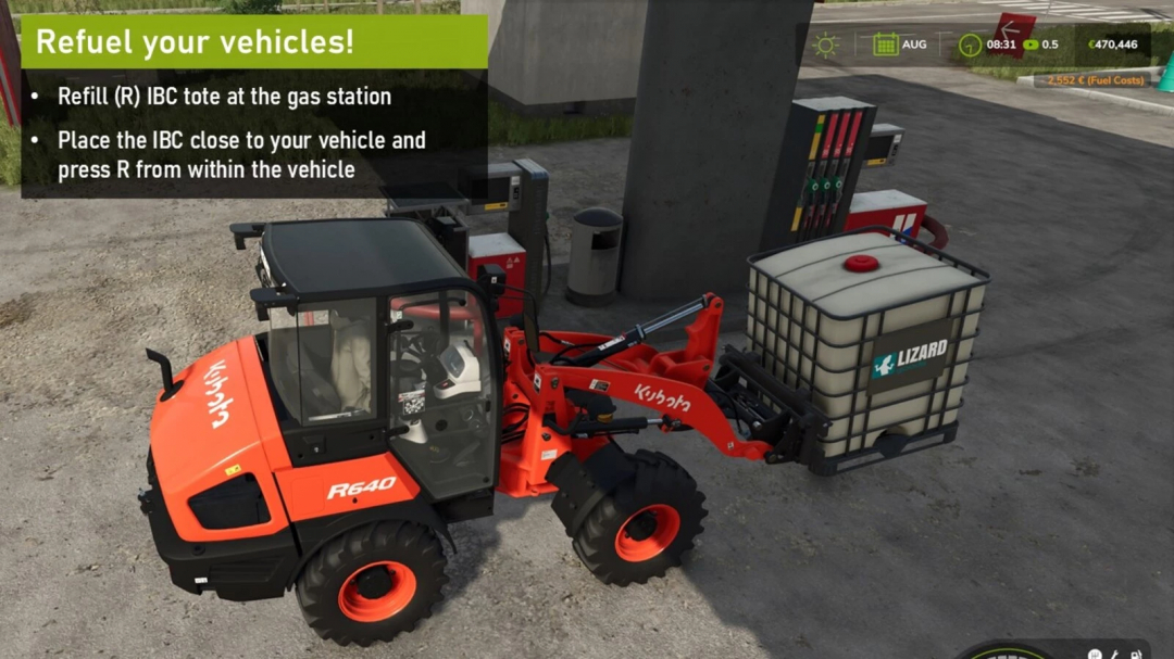 FS25 mod Refillable IBC Tank v1.0.1.0 in use on a loader at a gas station.