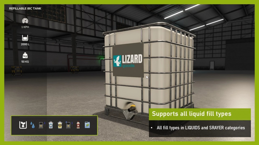 FS25 mod Refillable IBC Tank v1.0.1.0 supports all liquid types, shown in a warehouse setting.