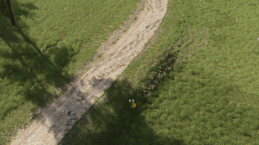 FS25 Road Kit mod v1.0.0.0 image showing a dirt road with tire tracks on grassy terrain.