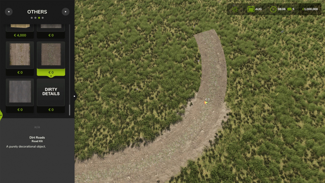 FS25 mods Road Kit v1.0.0.0 showing a curved dirt road surrounded by grass in Farming Simulator 25.