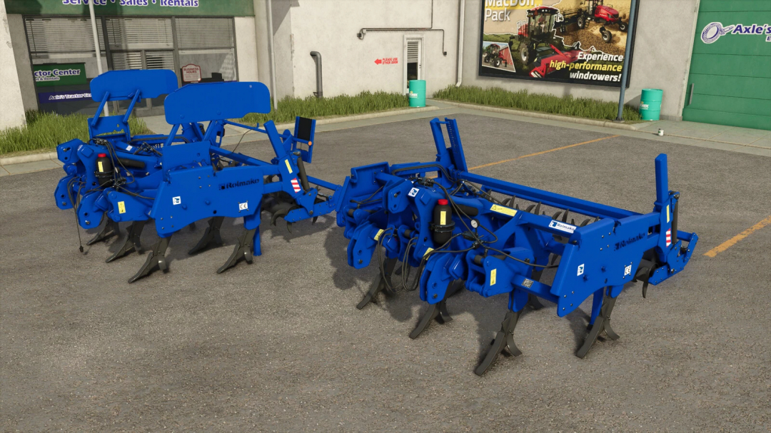 FS25 mod Rolmako U624 v1.0.0.0 featuring a blue cultivator in a parking lot, showcasing farming equipment for Farming Simulator 25.